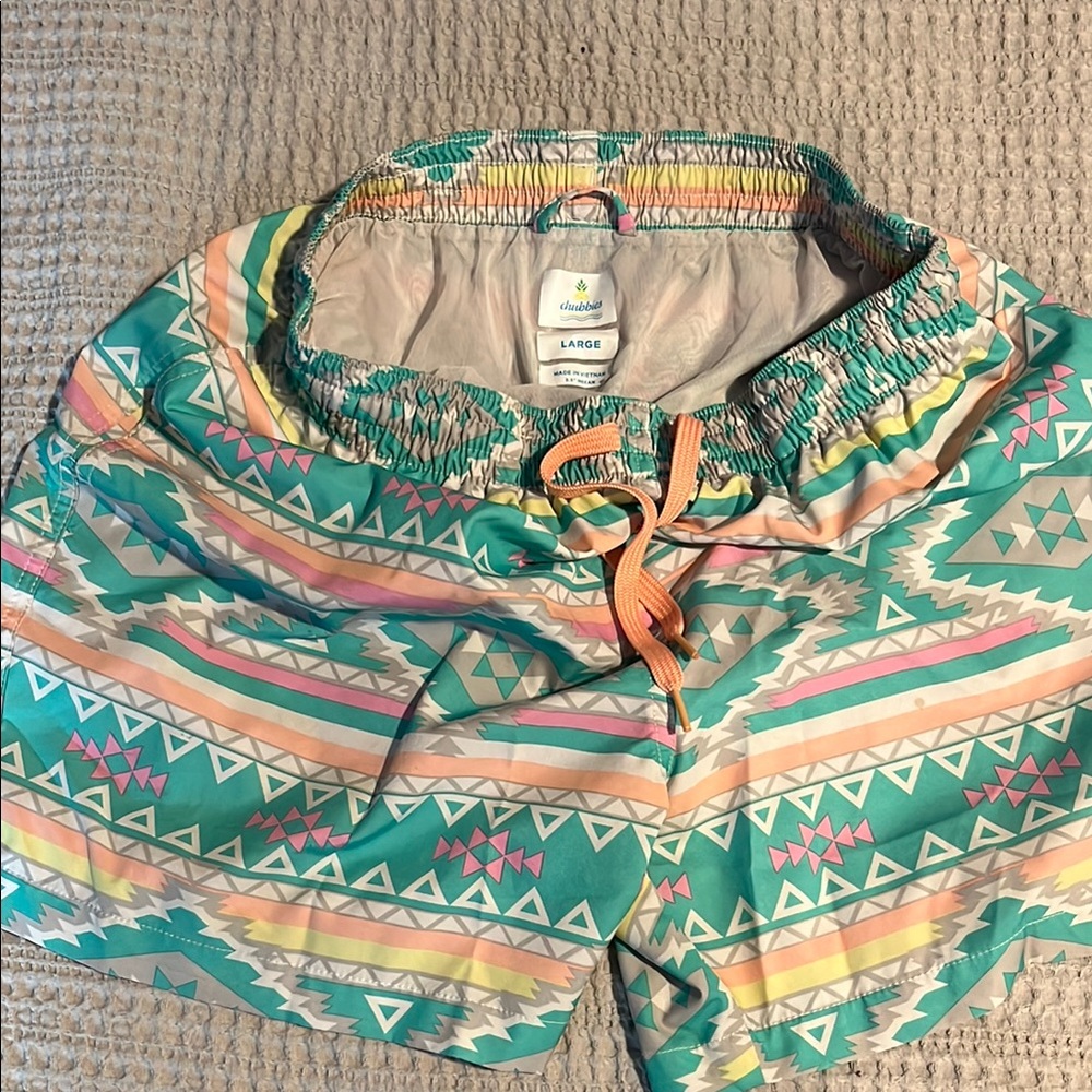 Chubbies Green and Pink Swim Trunks with Geometric Design